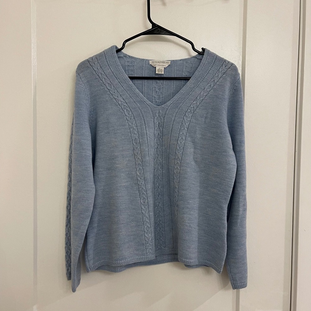 Vintage Petite Sophisticate Merino Wool Blue‎ V Neck Sweater GrandmaCore Chic